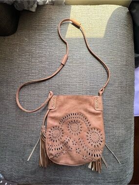 Suede Crossbody Bag with Floral Cutout and Fringe - Tan